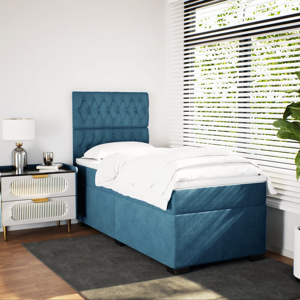 Κρεβάτι Boxspring με Στρώμα Μπλε 100x200 εκ. Βελούδινο