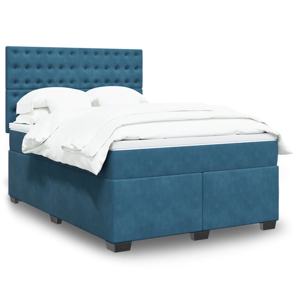 Κρεβάτι Boxspring με Στρώμα Μπλε 140x190 εκ. Βελούδινο