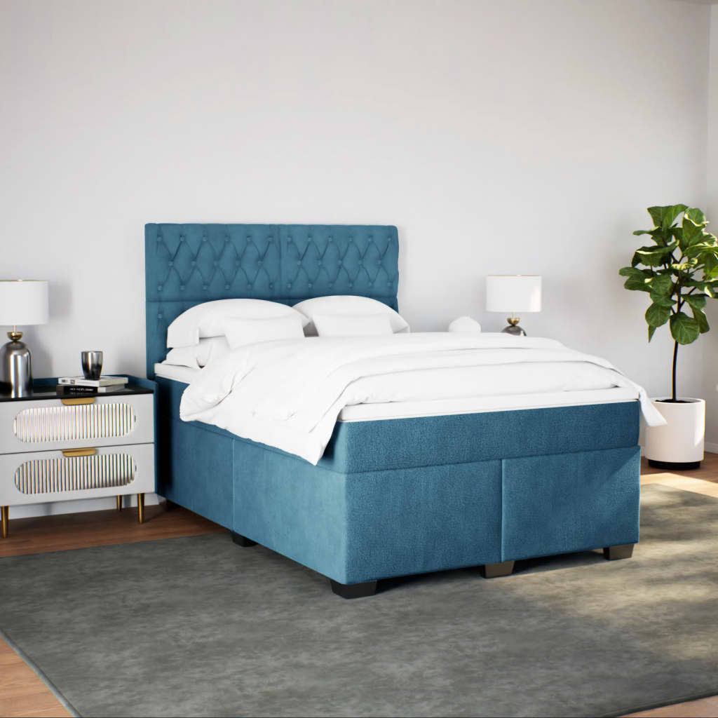 Κρεβάτι Boxspring με Στρώμα Μπλε 160x200 εκ. Βελούδινο - Pakobazaar