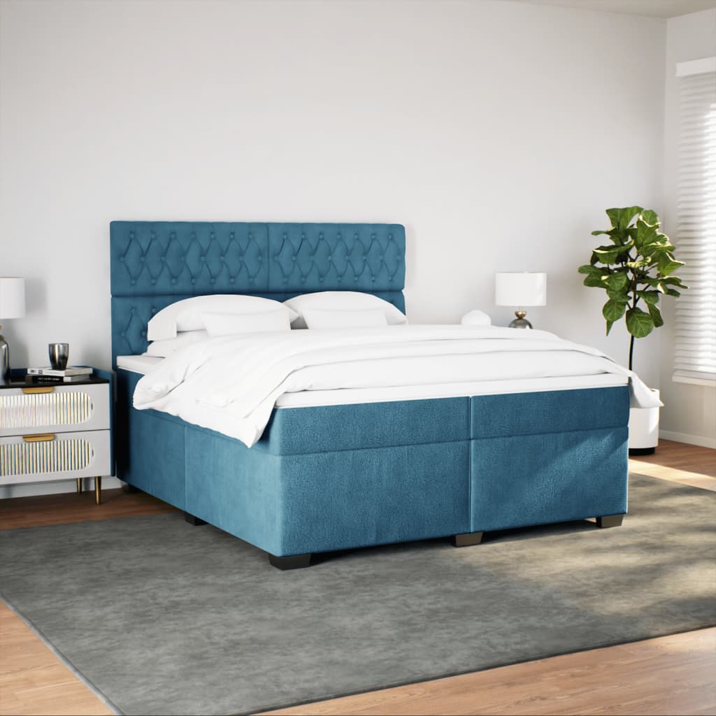 Κρεβάτι Boxspring με Στρώμα Μπλε 200x200 εκ. Βελούδινο