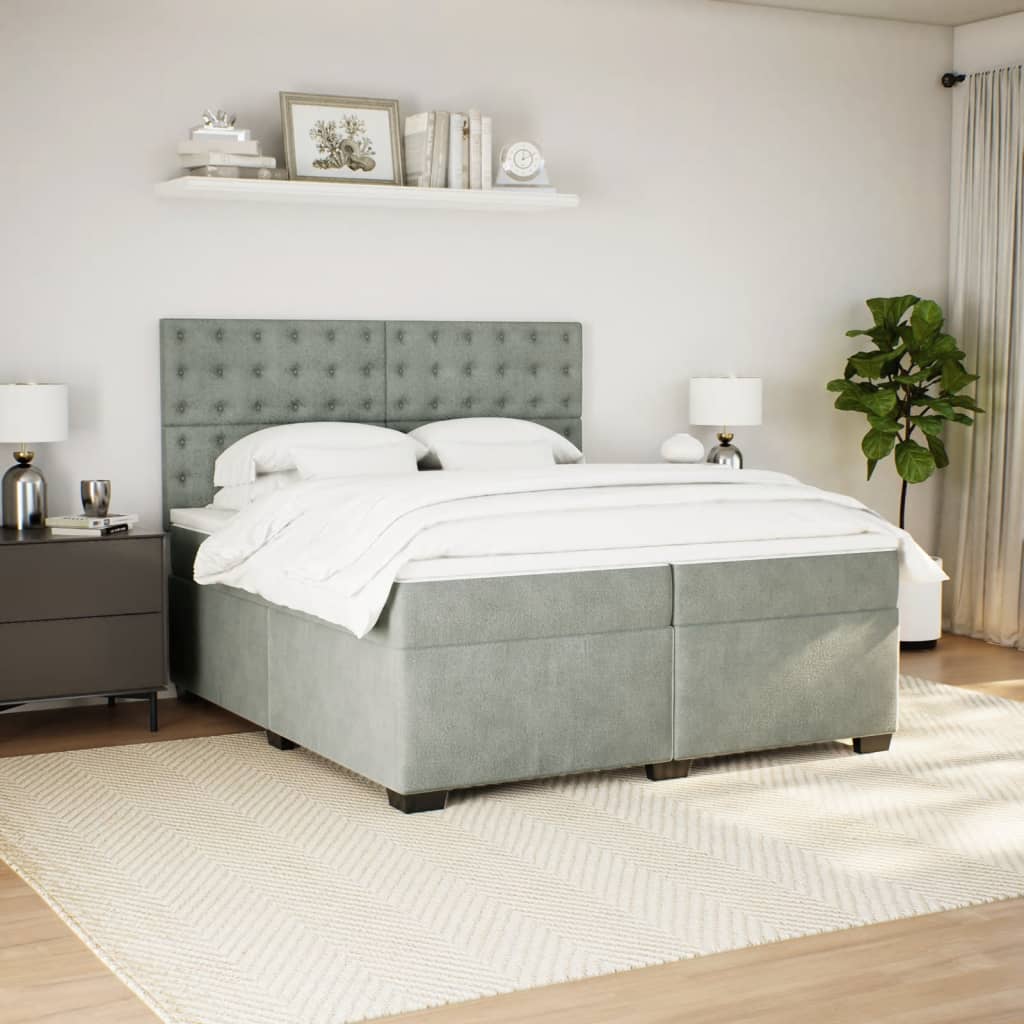 Κρεβάτι Boxspring με Στρώμα Ανοιχτό Γκρι 200x200 εκ. Βελούδινο - Pakobazaar