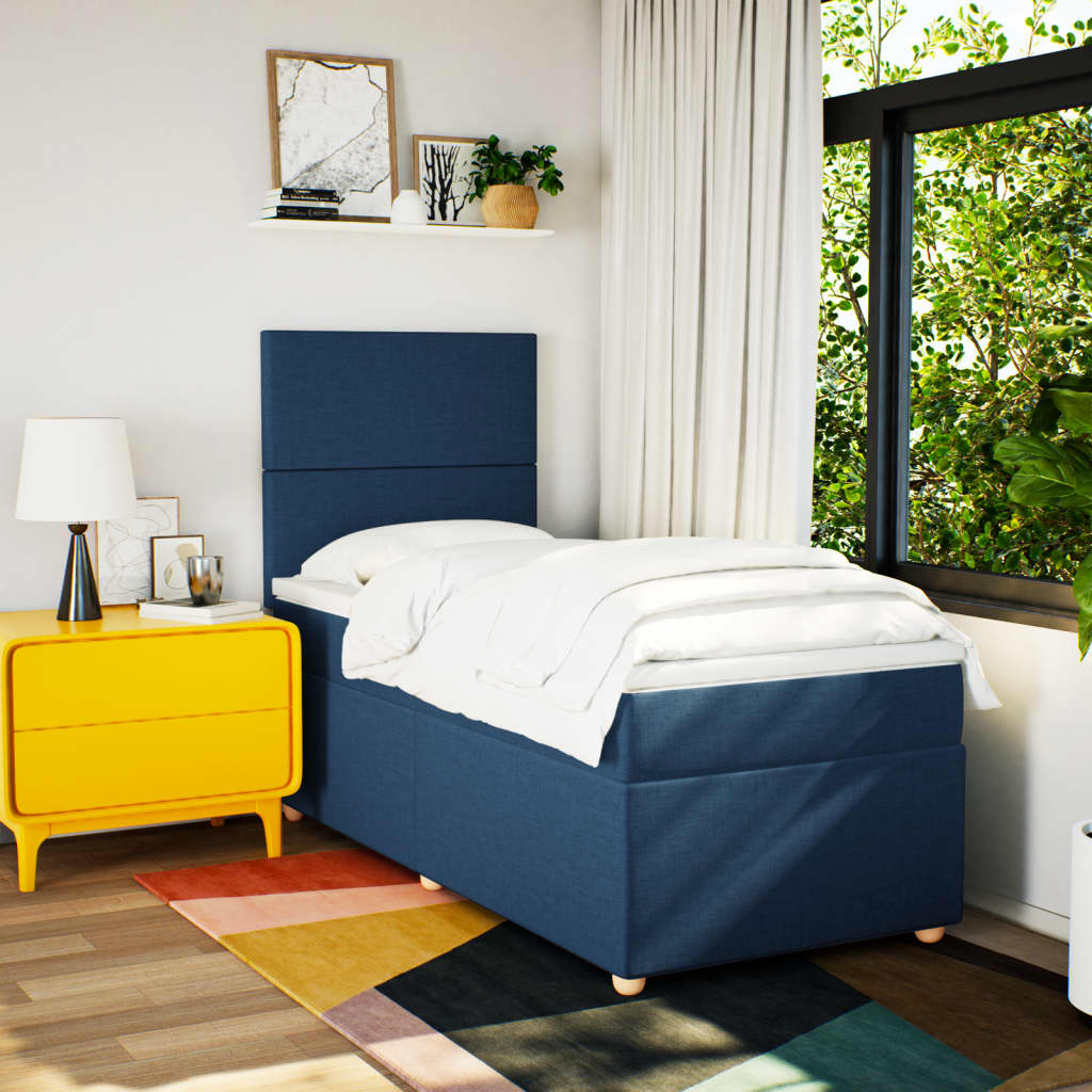 Κρεβάτι Boxspring με Στρώμα Μπλε 90x190 εκ.Υφασμάτινο