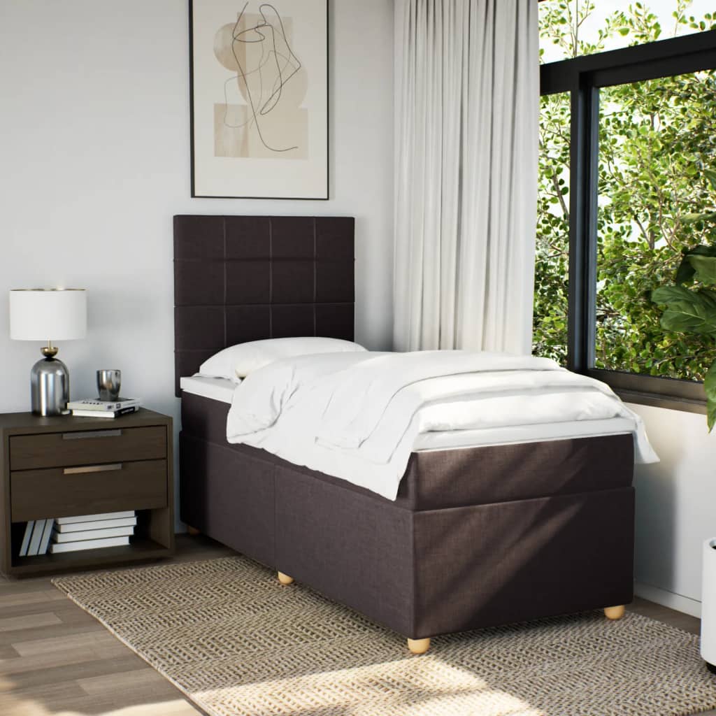 Κρεβάτι Boxspring με Στρώμα Σκούρο Καφέ 90x190 εκ. Υφασμάτινο - Pakobazaar
