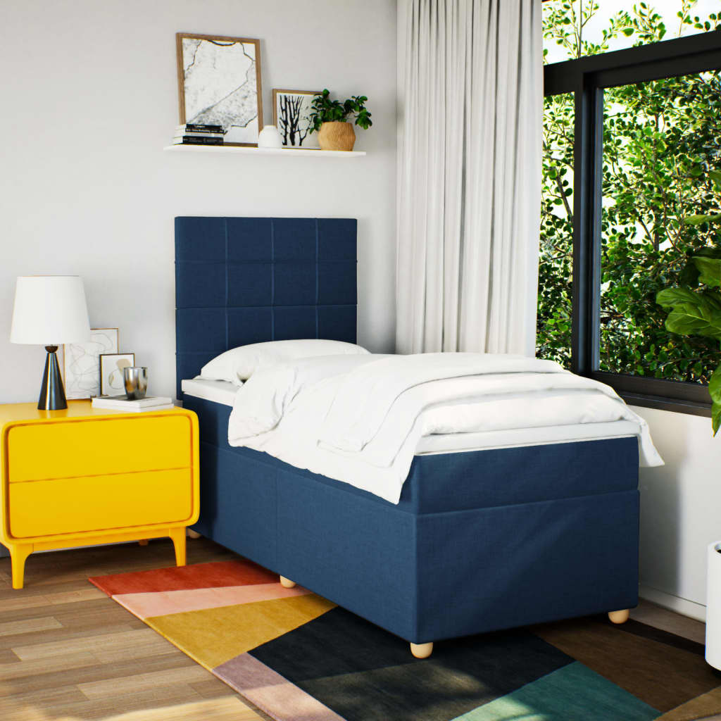 Κρεβάτι Boxspring με Στρώμα Μπλε 90x200 εκ.Υφασμάτινο - Pakobazaar