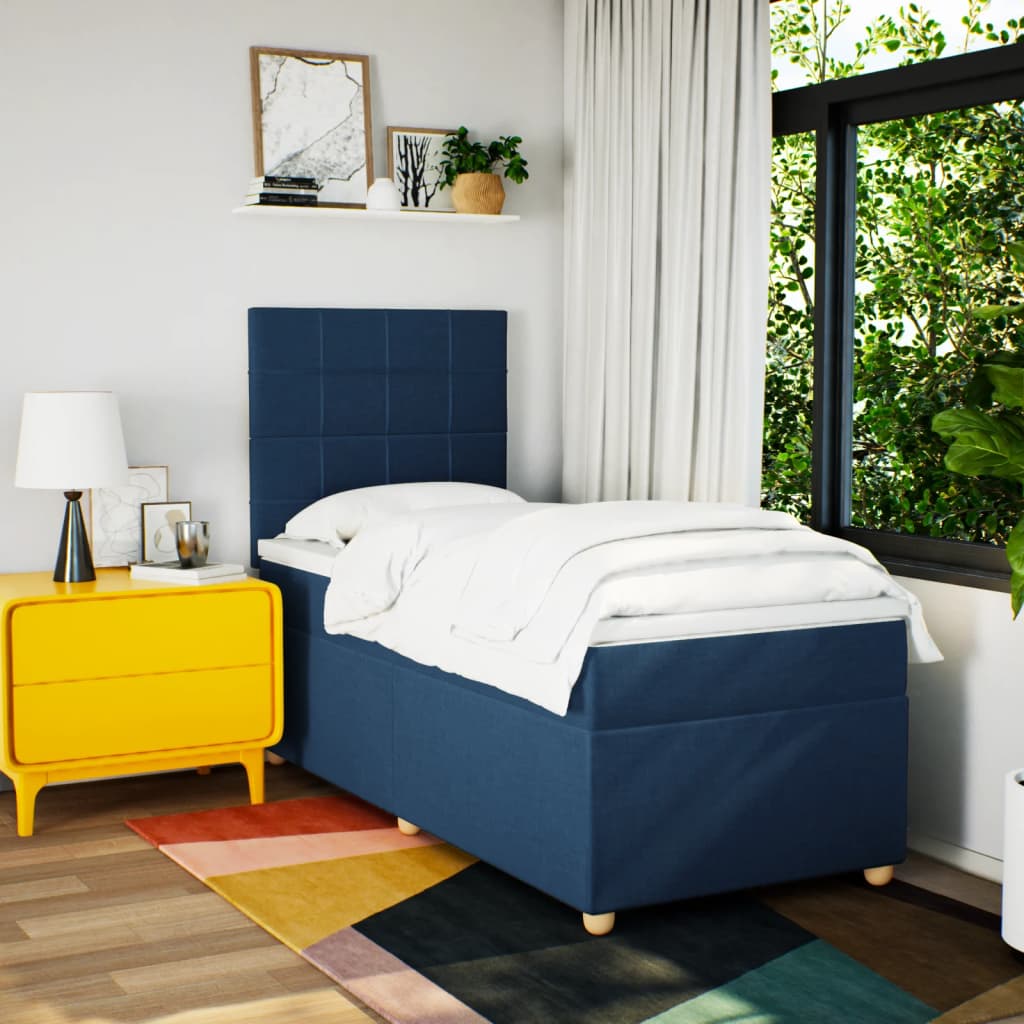 Κρεβάτι Boxspring με Στρώμα Μπλε 100 x 200 εκ. Υφασμάτινο - Pakobazaar