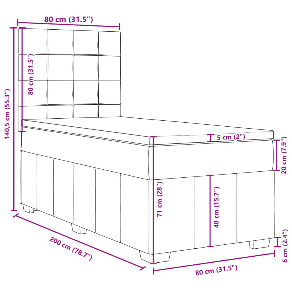 Κρεβάτι Boxspring με Στρώμα Σκούρο Γκρι 80x200 εκ. Υφασμάτινο