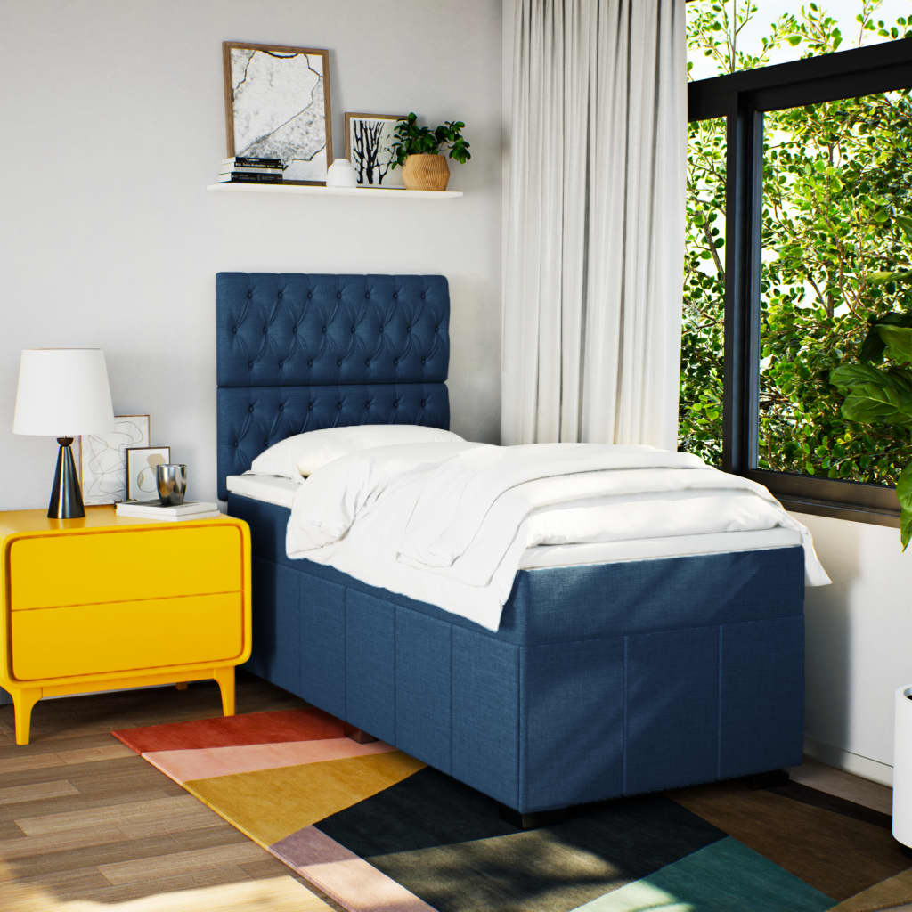 Κρεβάτι Boxspring με Στρώμα Μπλε 90x190 εκ.Υφασμάτινο - Pakobazaar