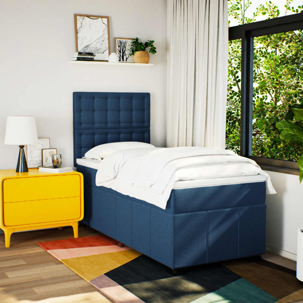 Κρεβάτι Boxspring με Στρώμα Μπλε 90x200 εκ.Υφασμάτινο - Pakobazaar