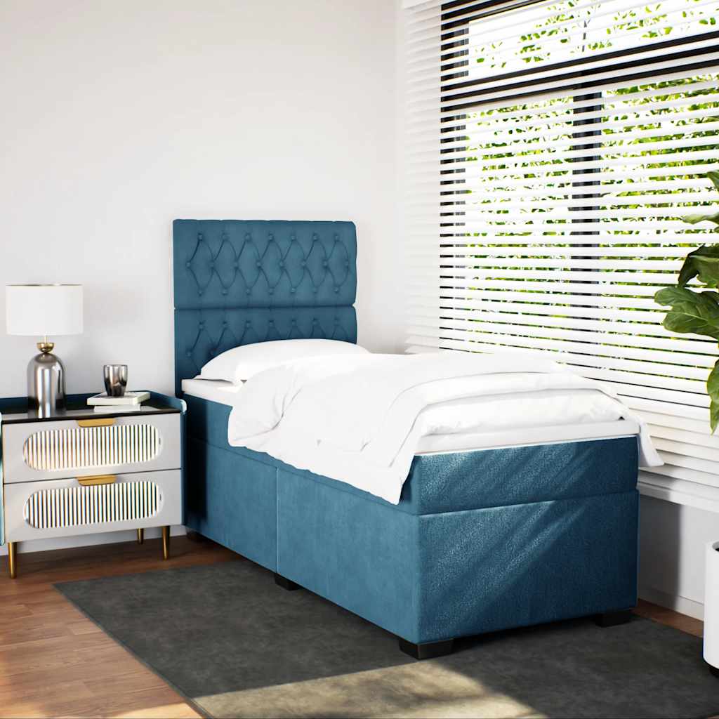 Κρεβάτι Boxspring με Στρώμα Μπλε 90x190 εκ. Βελούδινο - Pakobazaar