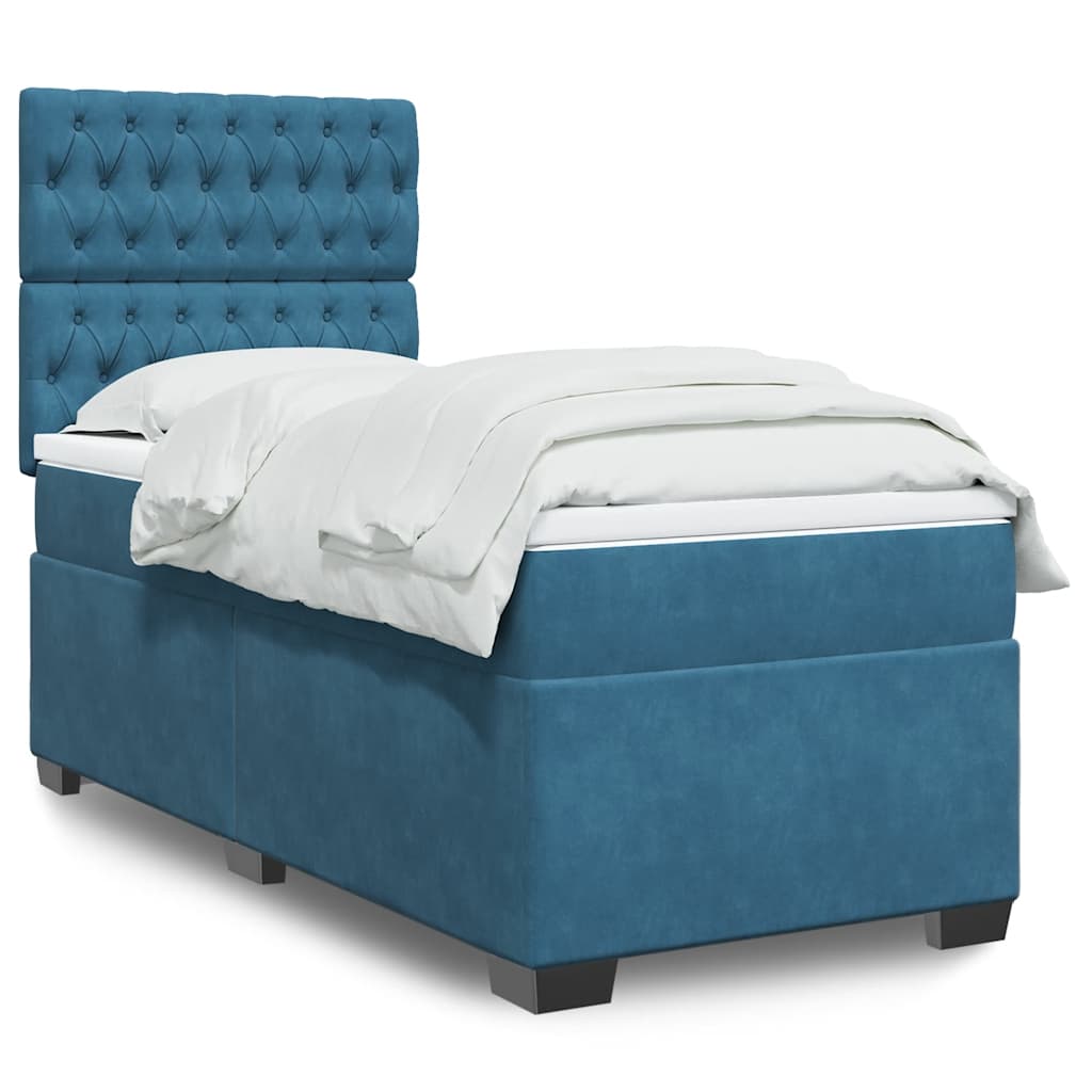 Κρεβάτι Boxspring με Στρώμα Μπλε 90x190 εκ. Βελούδινο - Pakobazaar