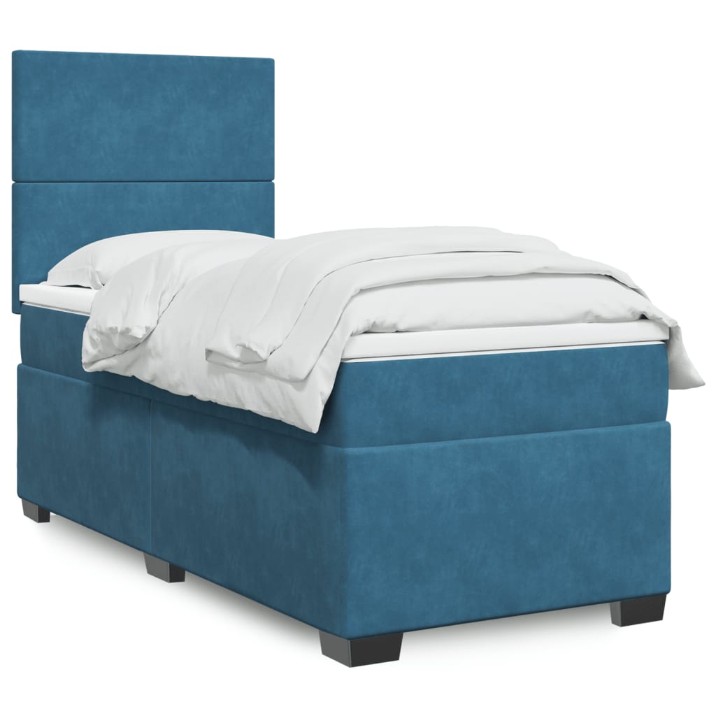 Κρεβάτι Boxspring με Στρώμα Μπλε 90x200 εκ. Βελούδινο - Pakobazaar
