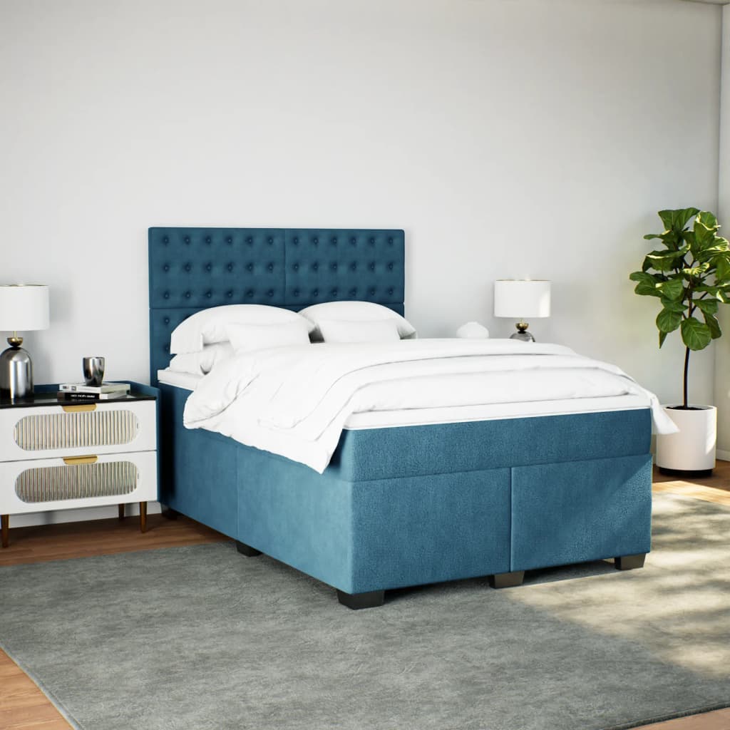 Κρεβάτι Boxspring με Στρώμα Μπλε 140x200 εκ. Βελούδινο - Pakobazaar