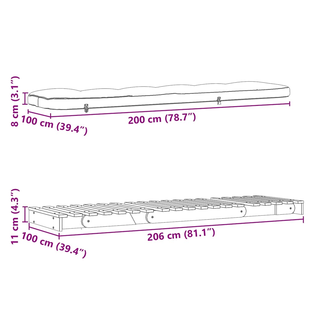Καναπές Κρεβάτι Futon/Στρώμα 100x206x11 Μασίφ Ξύλο Ψευδοτσούγκα