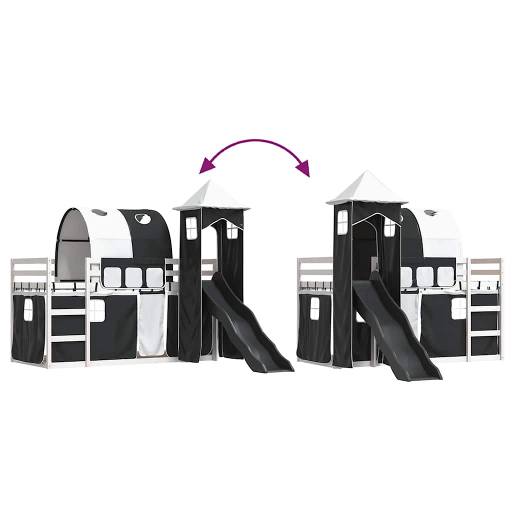 Κουκέτα με Τσουλήθρα και Κουρτίνες Λευκή και Μαύρη 90x200 εκ. - Pakobazaar