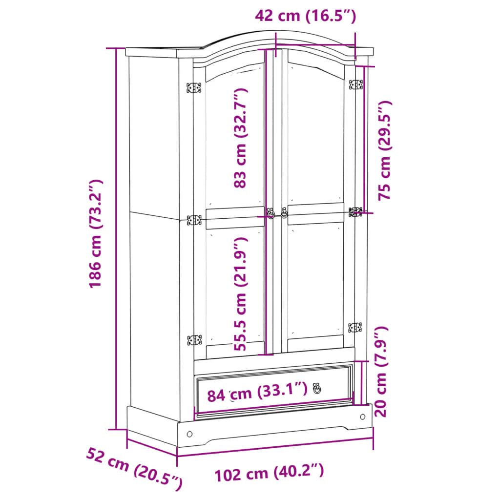 Ντουλάπα Corona 102x52x186 εκ. από Μασίφ Ξύλο Πεύκου - Pakobazaar