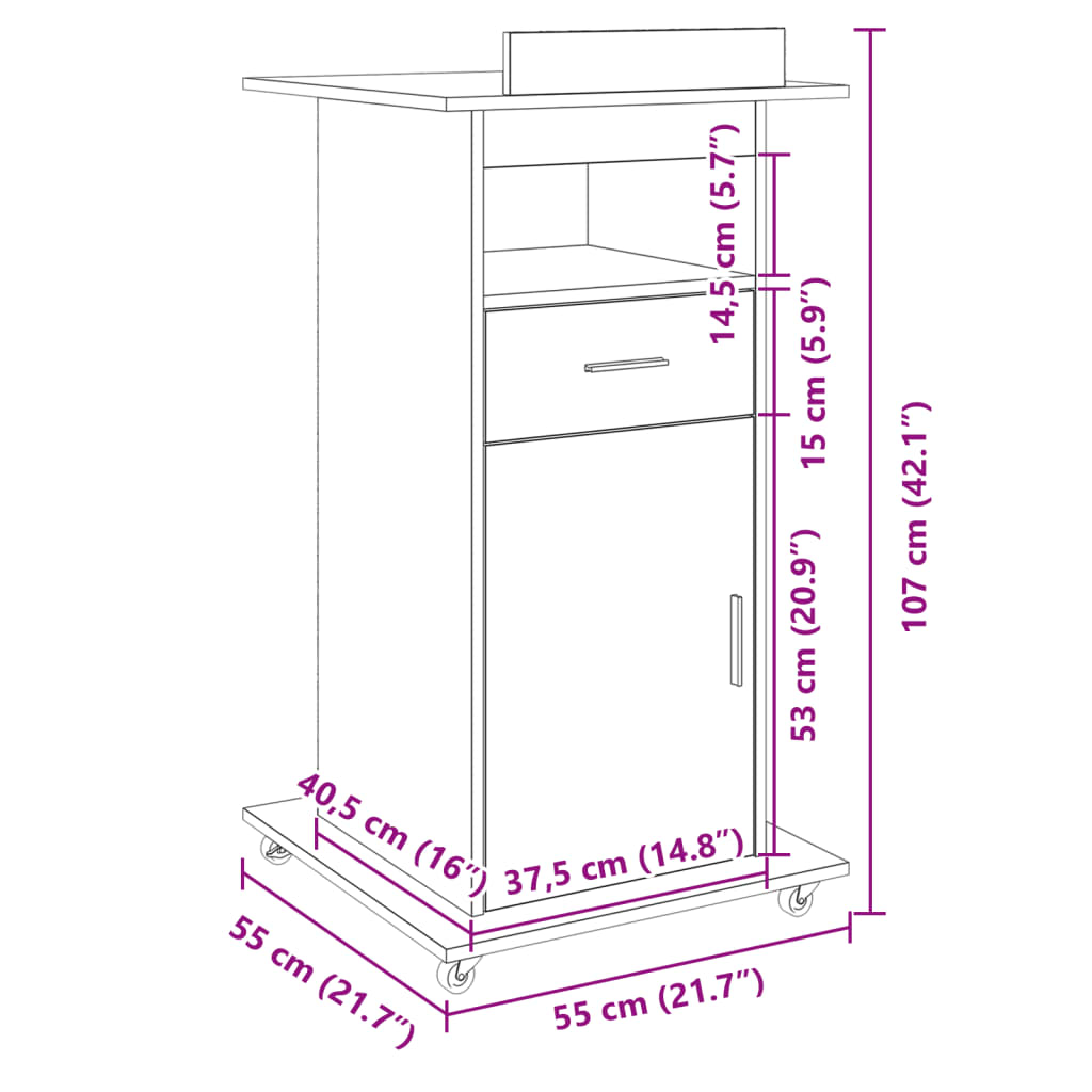 Αναλόγιο με Ροδάκια & Συρτάρι Καφέ Δρυς 55x55x107εκ. Επεξ. Ξύλο