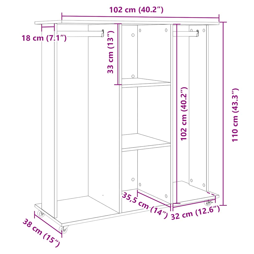 Ντουλάπα με Ροδάκια Λευκή 102x38x110 εκ. από Επεξεργασμένο Ξύλο