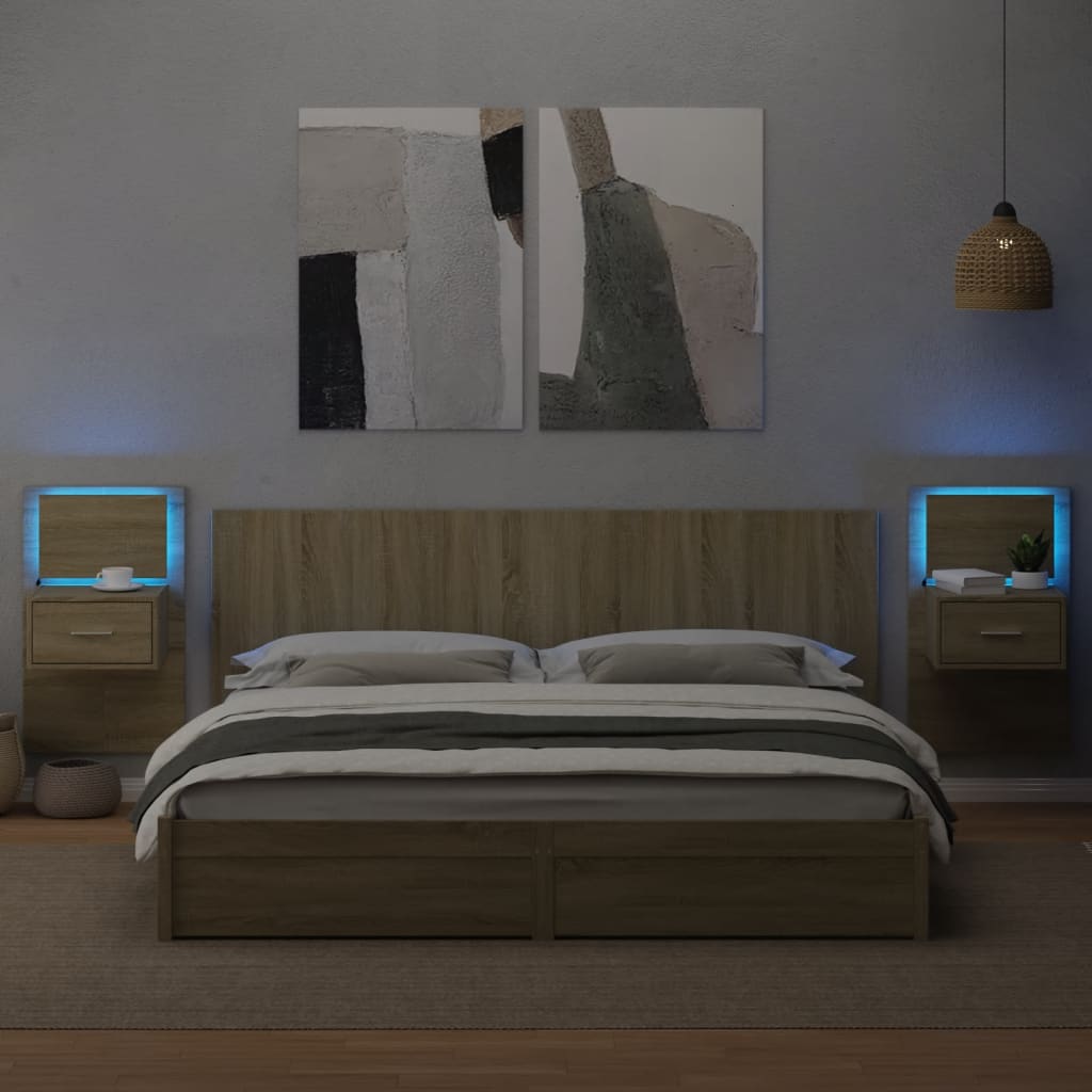 Κομοδίνα Επιτοίχια με Φώτα LED 2 τεμ. Sonoma Δρυς