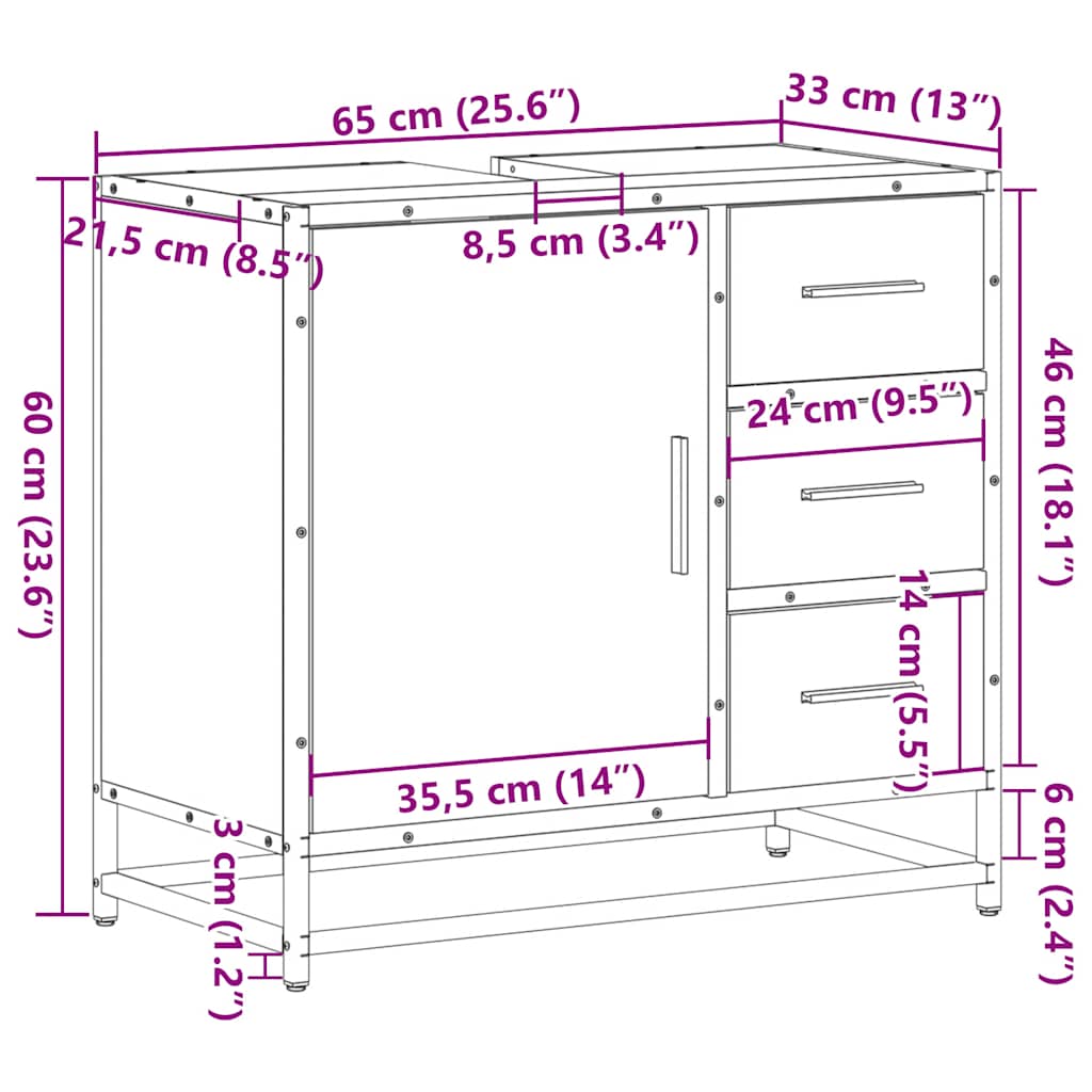 Ντουλάπι Νιπτήρα Μπάνιου Sonoma Δρυς 65x33x60 εκ. Επεξ. Ξύλο - Pakobazaar