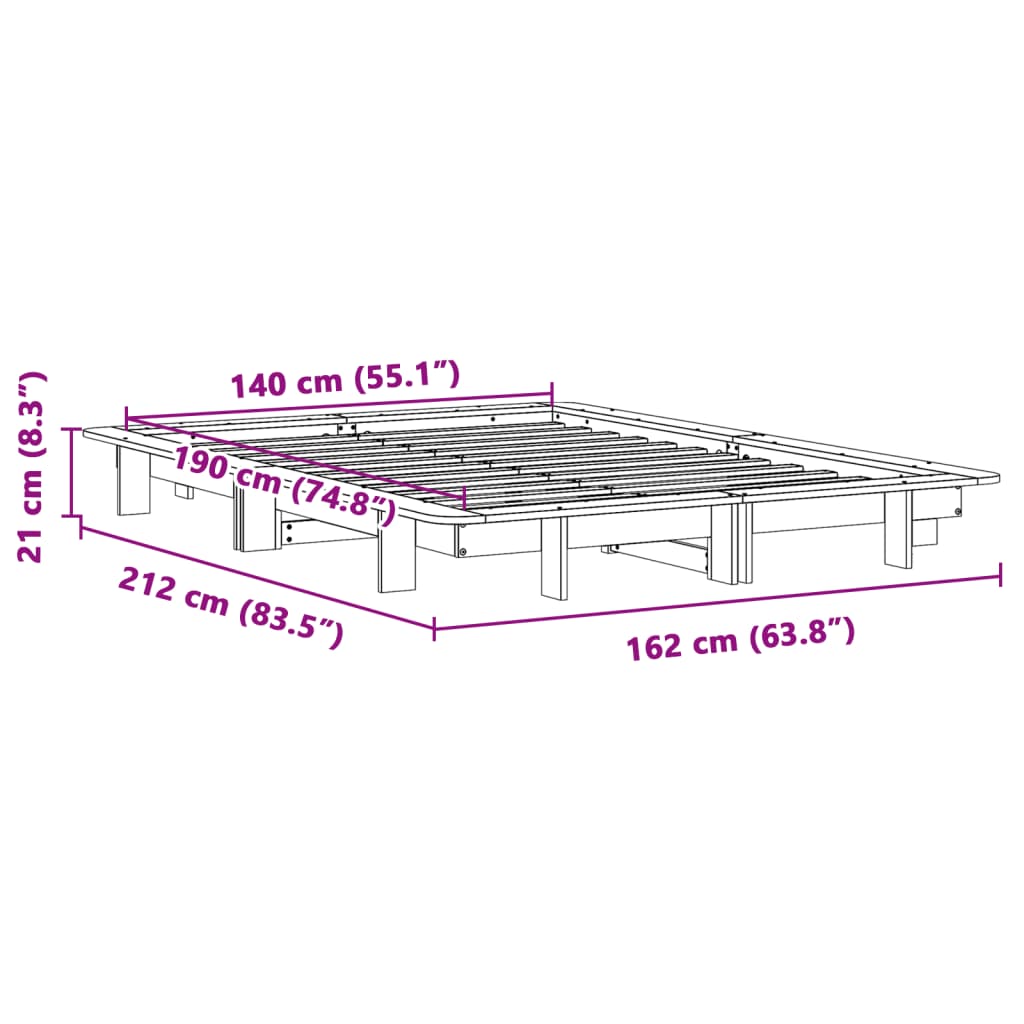 Σκελετός Κρεβατιού Χωρίς Στρώμα Καφέ 140x190 Μασίφ Ξύλο Πεύκου - Pakobazaar