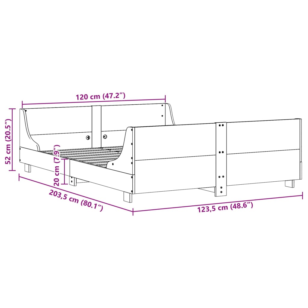 Σκελετός Κρεβατιού Χωρίς Στρώμα 120x200 εκ Μασίφ Ξύλο Πεύκου - Pakobazaar