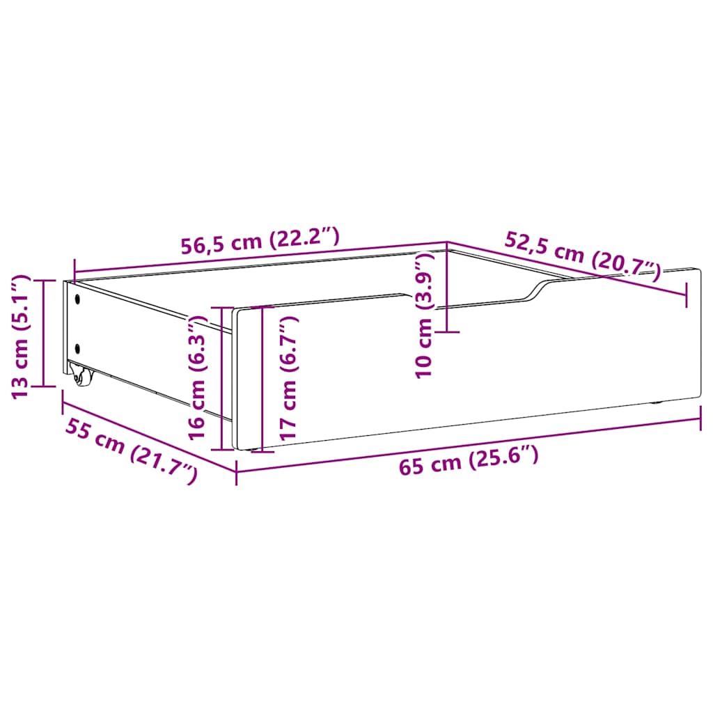Συρτάρια Κρεβατιού με Ροδάκια 2 τεμ. 65x55x17 εκ. Μασίφ Πεύκο