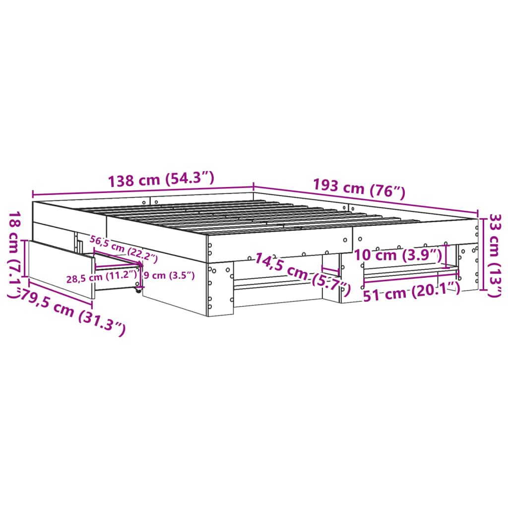 Πλαίσιο Κρεβατιού Γκρι Σκυροδέματος 135x190 εκ. Επεξεργ. Ξύλο