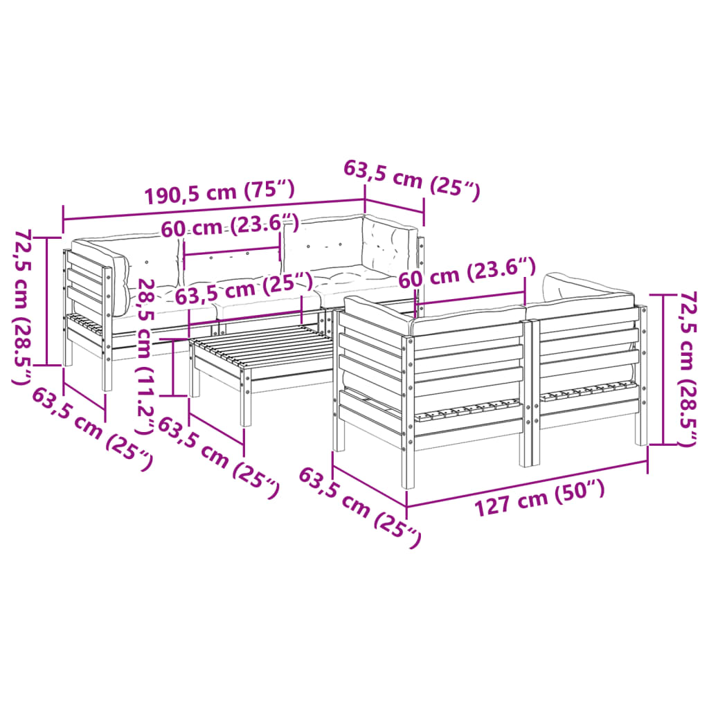 Καναπές Κήπου Σετ 6 τεμ. Καφέ Μασίφ Ξύλο Πεύκου με Μαξιλάρια