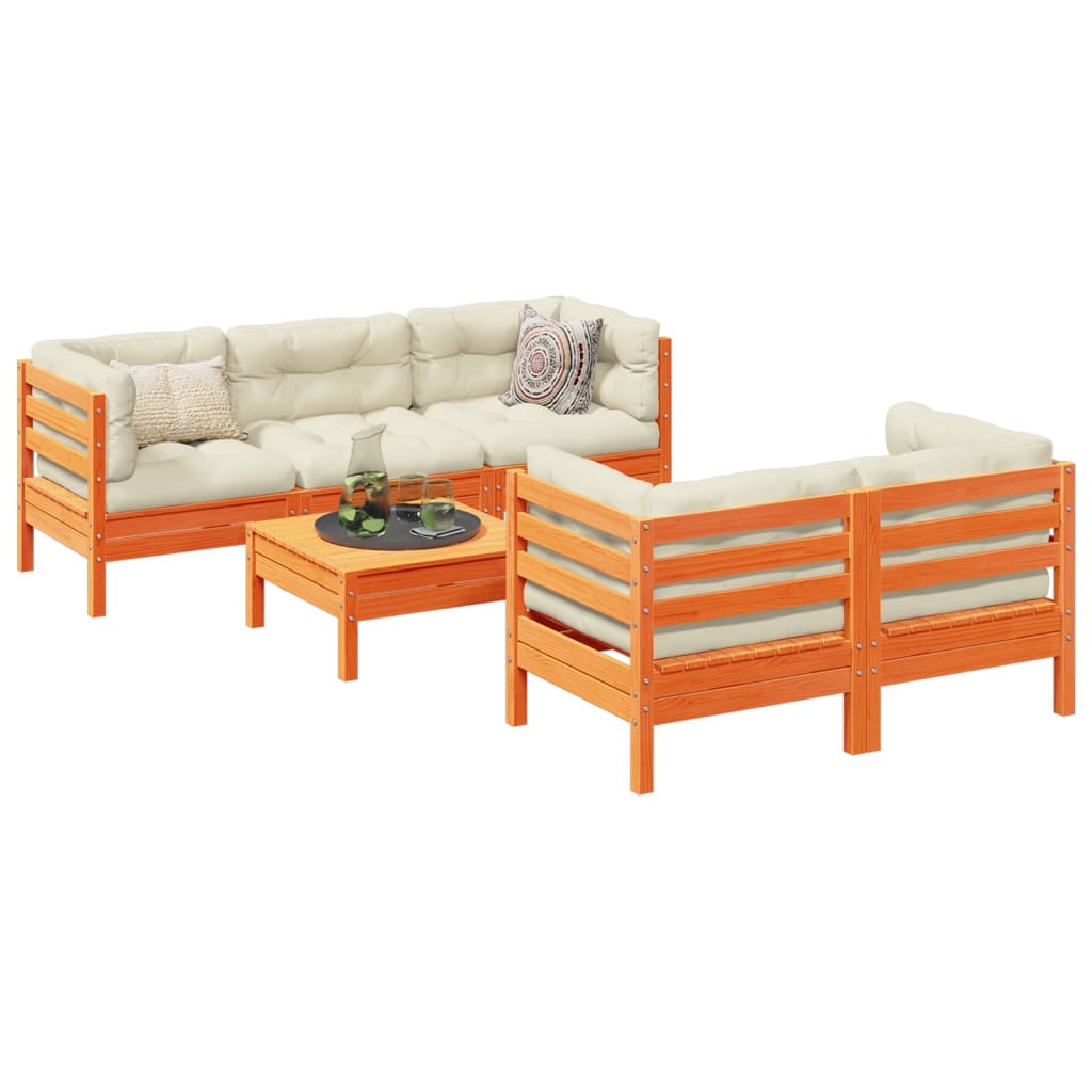 Καναπές Κήπου Σετ 6 τεμ. Καφέ Μασίφ Ξύλο Πεύκου με Μαξιλάρια