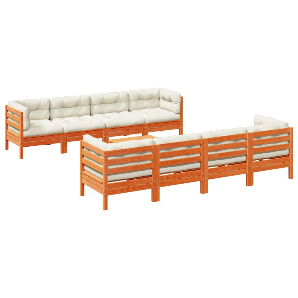 Καναπές Κήπου Σετ 9 τεμ. Καφέ Μασίφ Ξύλο Πεύκου με Μαξιλάρια