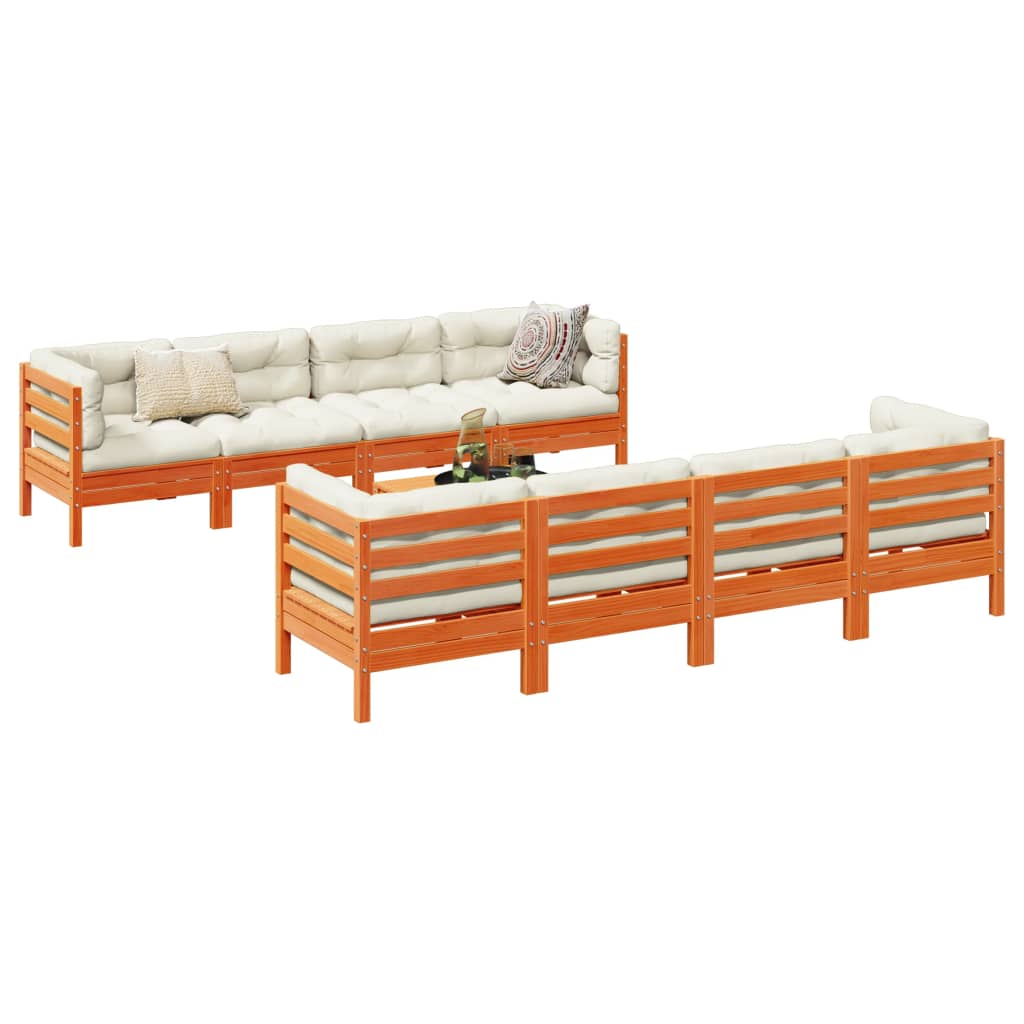 Καναπές Κήπου Σετ 9 τεμ. Καφέ Μασίφ Ξύλο Πεύκου με Μαξιλάρια