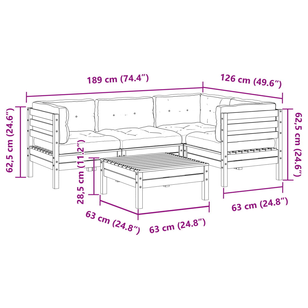 Σαλόνι Κήπου Σετ 5 Τεμαχίων Καφέ Μασίφ Ξύλο Πεύκου με Μαξιλάρια