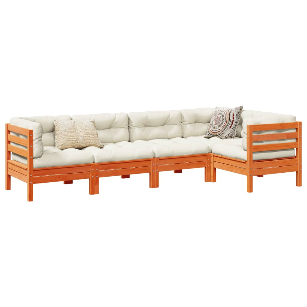 Σαλόνι Κήπου Σετ 5 Τεμαχίων Καφέ Μασίφ Ξύλο Πεύκου με Μαξιλάρια