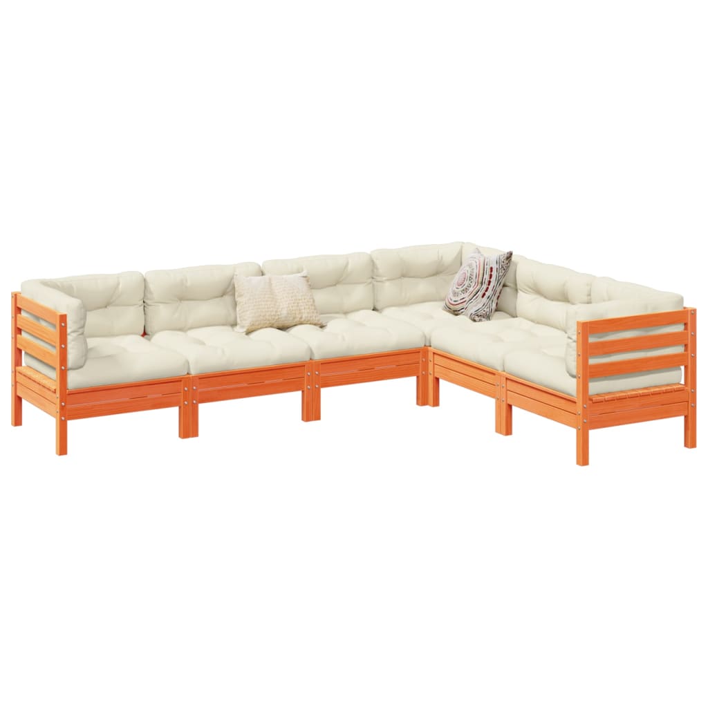 Καναπές Κήπου Σετ 6 τεμ. Καφέ Μασίφ Ξύλο Πεύκου με Μαξιλάρια