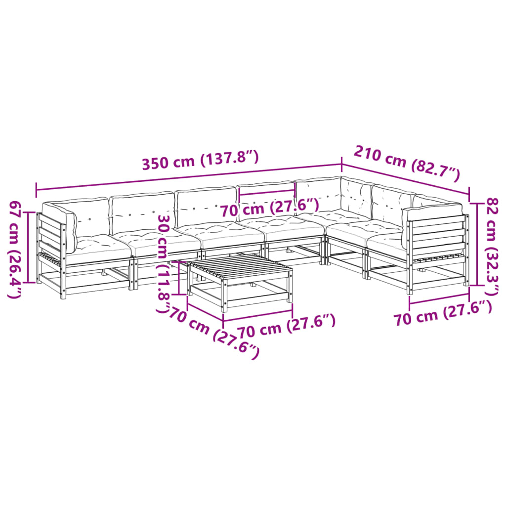 Καναπές Κήπου Σετ 8 τεμ. Καφέ Μασίφ Ξύλο Πεύκου με Μαξιλάρια