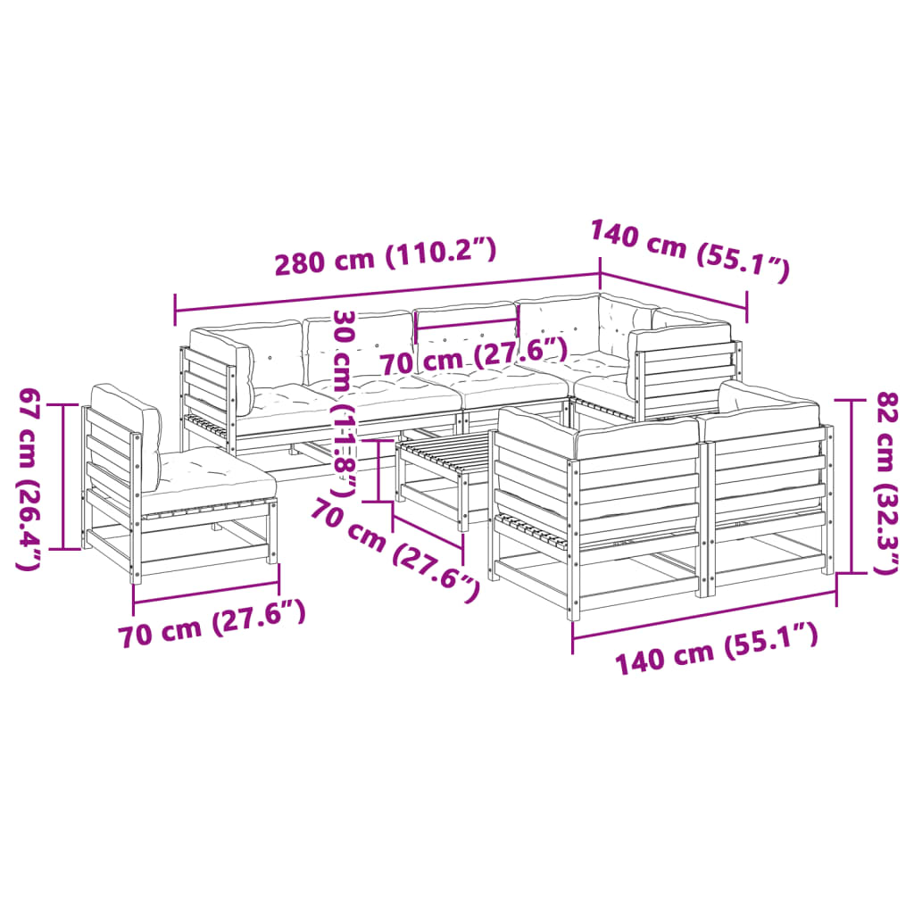 Καναπές Κήπου Σετ 9 Τεμ. Μασίφ Ψευδοτσούγκα Ελάτης Μαξιλάρια - Pakobazaar