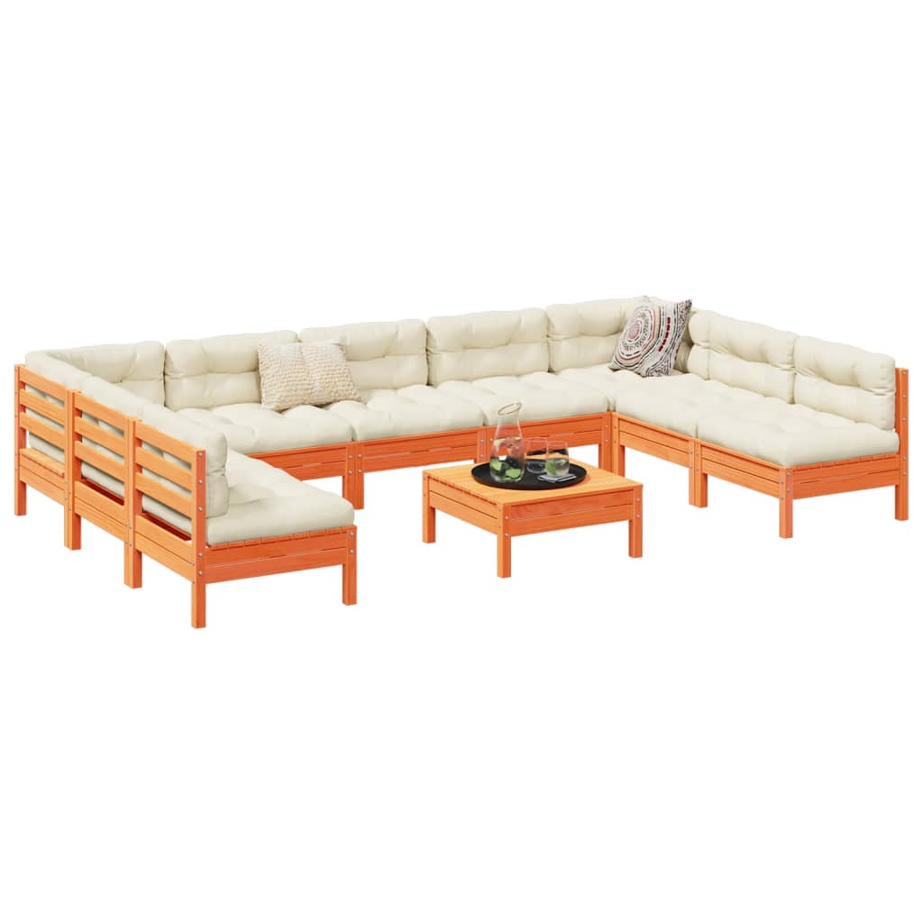 Καναπές Κήπου Σετ 10 τεμ. Καφέ Μασίφ Ξύλο Πεύκου με Μαξιλάρια