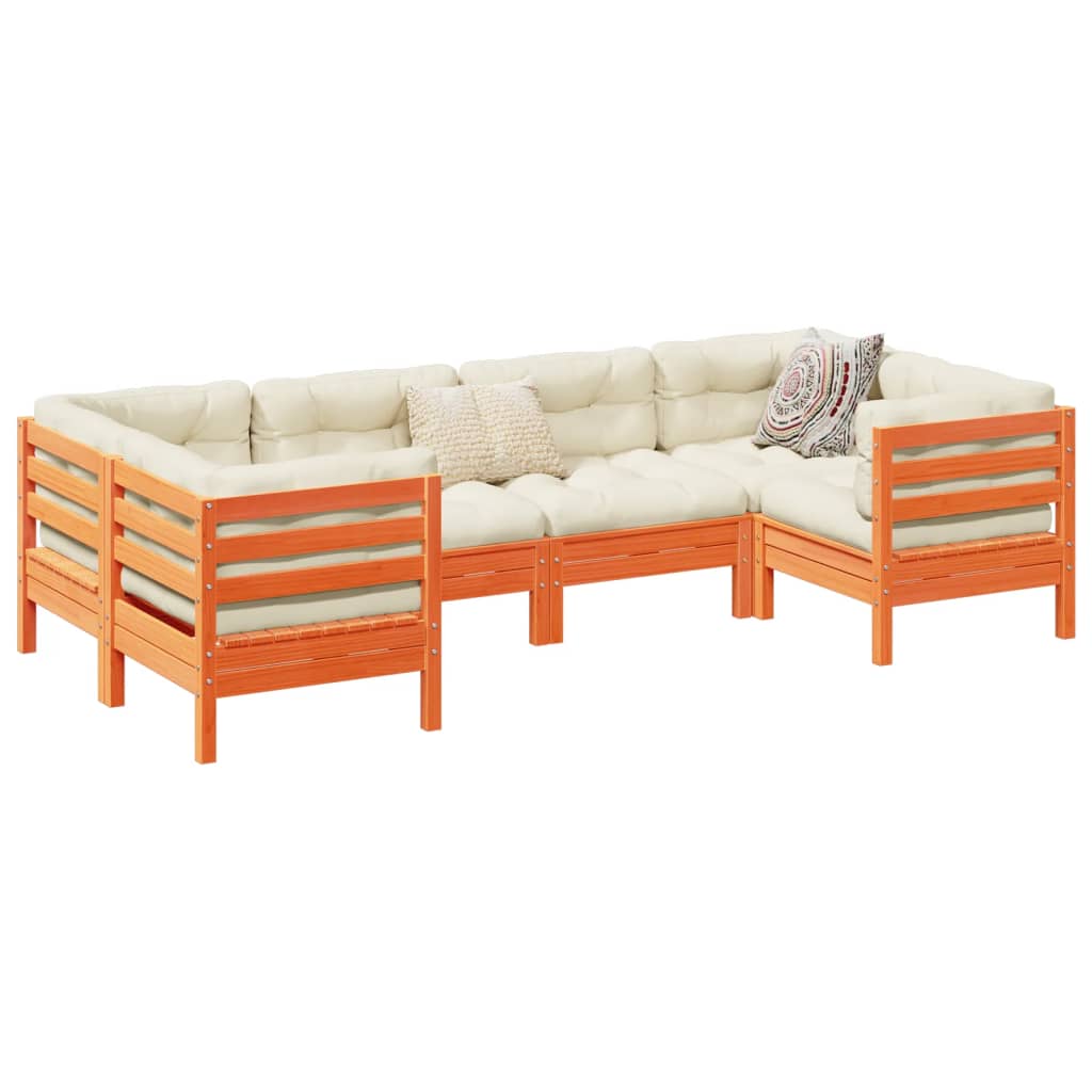 Καναπές Κήπου Σετ 6 τεμ. Καφέ Μασίφ Ξύλο Πεύκου με Μαξιλάρια