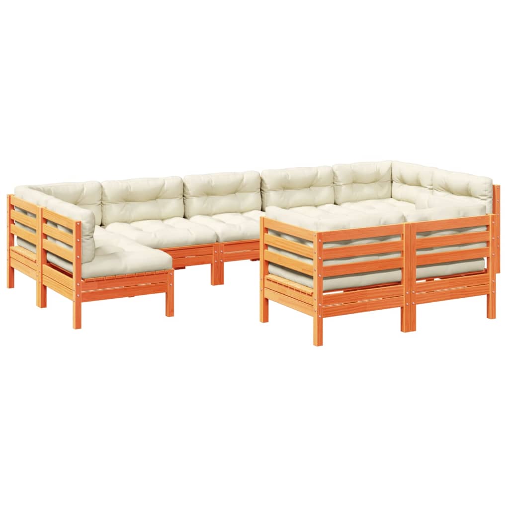 Καναπές Κήπου Σετ 9 τεμ. Καφέ Μασίφ Ξύλο Πεύκου με Μαξιλάρια