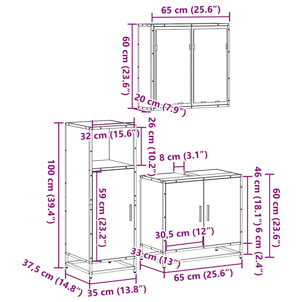 Σετ Επίπλων Μπάνιου 3 Τεμαχίων Sonoma Δρυς Επεξεργασμένο Ξύλο
