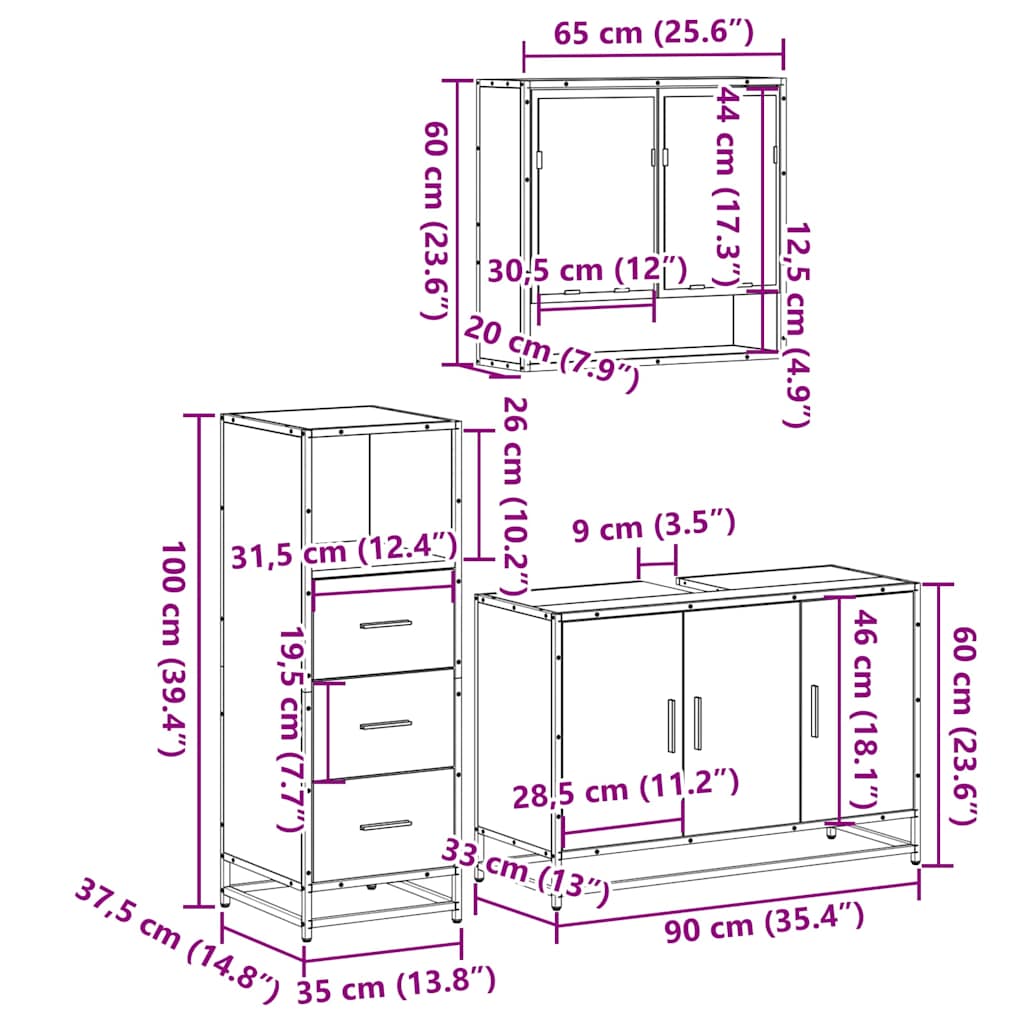 Σετ Επίπλων Μπάνιου 3 Τεμαχίων Sonoma Δρυς Επεξεργασμένο Ξύλο - Pakobazaar