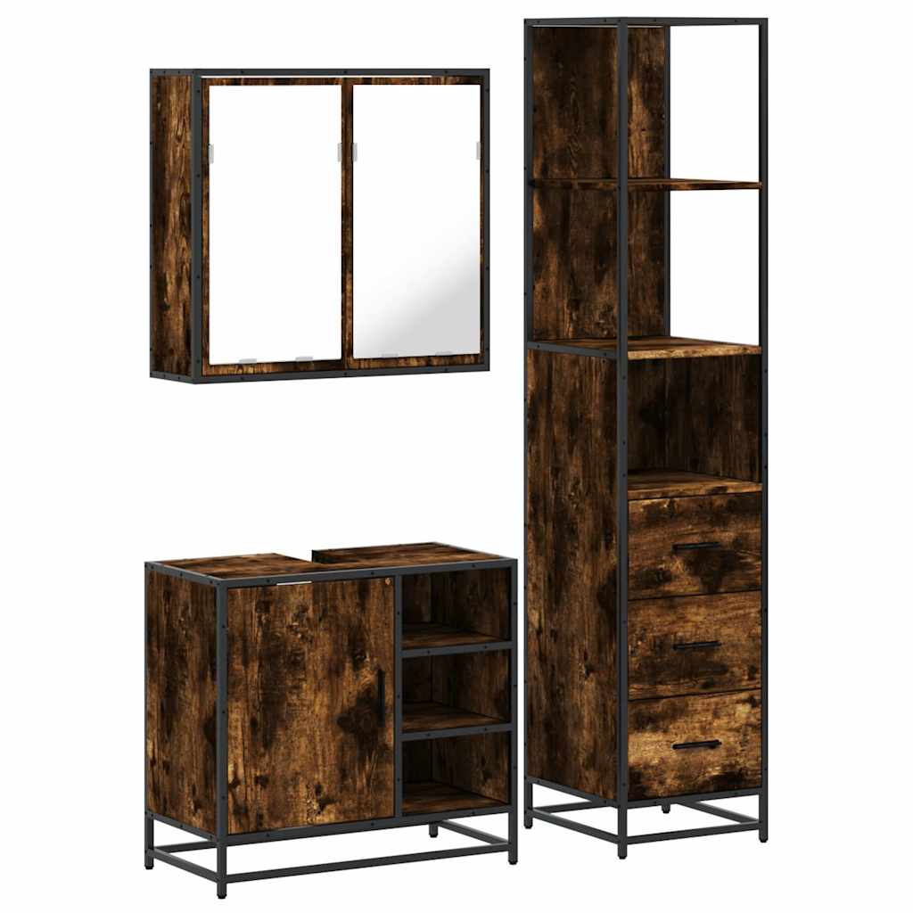Σετ Επίπλων Μπάνιου 3 Τεμαχίων Καπνιστή Δρυς Επεξεργασμένο Ξύλο - Pakobazaar
