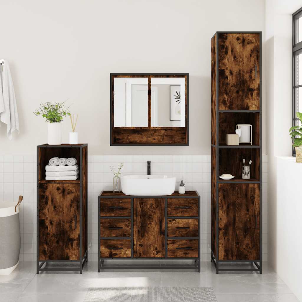 Σετ Επίπλων Μπάνιου 4 Τεμαχίων Καπνιστή Δρυς Επεξεργασμένο Ξύλο - Pakobazaar