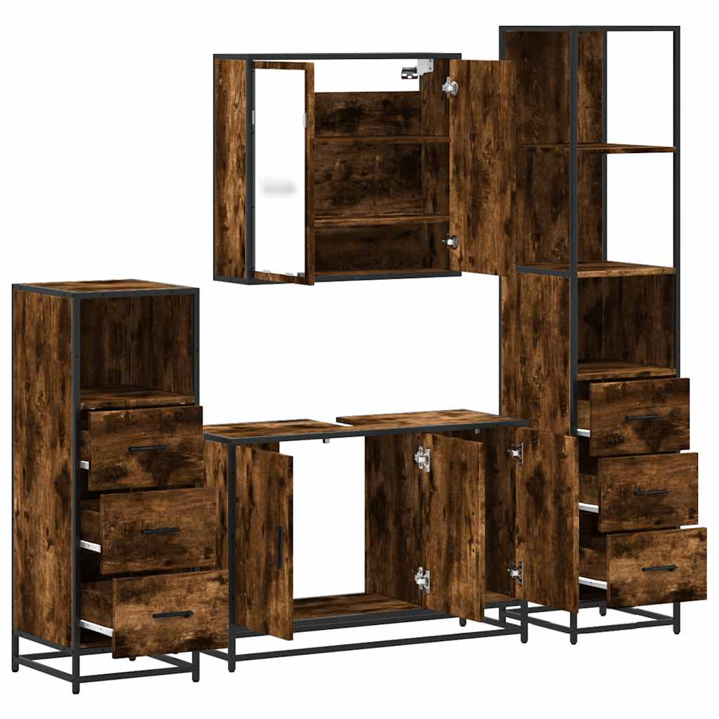 Σετ Επίπλων Μπάνιου 4 Τεμαχίων Καπνιστή Δρυς Επεξεργασμένο Ξύλο - Pakobazaar