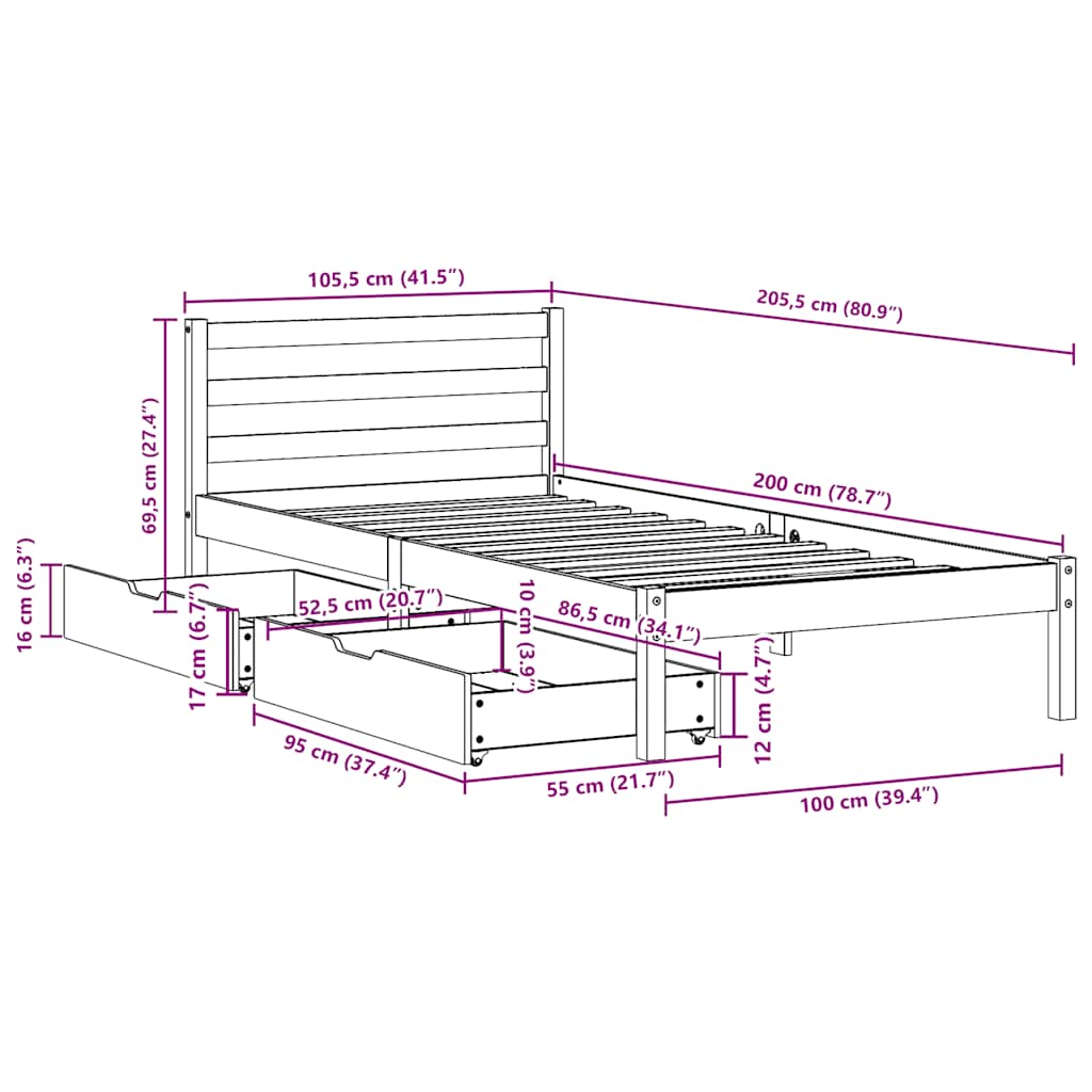 Σκελετός Κρεβατιού Χωρίς Στρώμα 100x200 εκ. Μασίφ Πεύκο - Pakobazaar