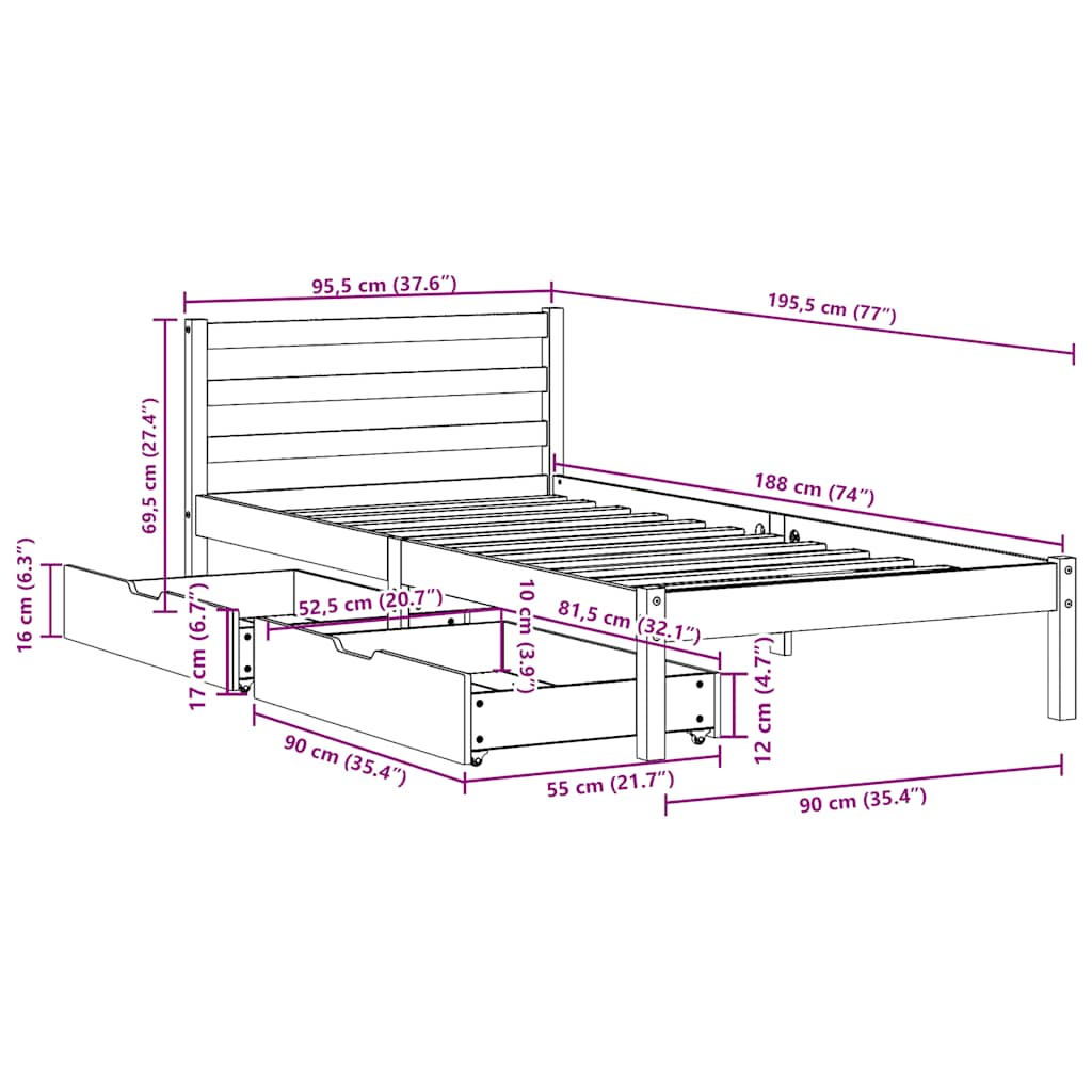 Σκελετός Κρεβ. Χωρίς Στρώμα Καφέ Κεριού 90x190 εκ Μασίφ Πεύκο