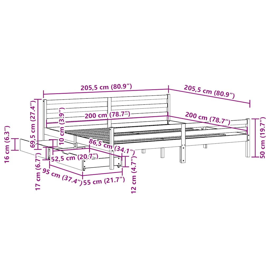 Σκελετός Κρεβ. Χωρίς Στρώμα Λευκό 200x200 εκ Μασίφ Πεύκο