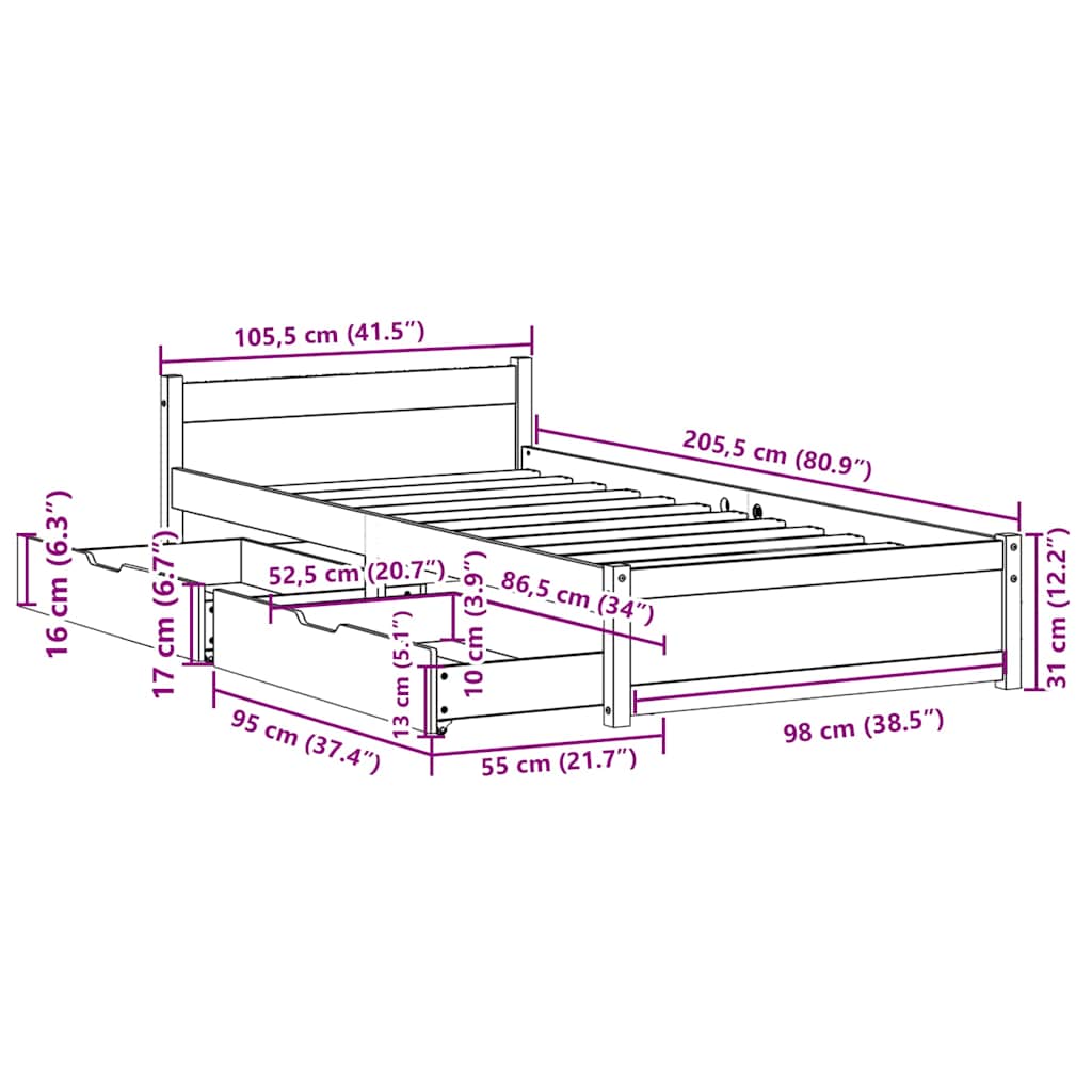 Σκελετός Κρεβατιού Χωρίς Στρώμα 100x200 εκ. Μασίφ Πεύκο - Pakobazaar