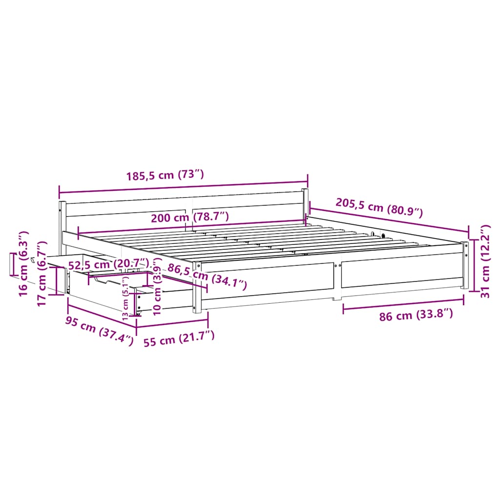 Σκελετός Κρεβατιού Χωρίς Στρώμα 180x200 εκ Μασίφ Ξύλο Πεύκου