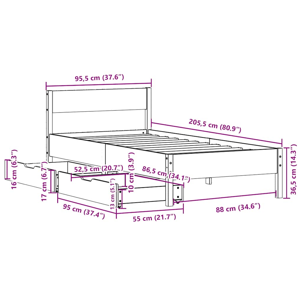 Σκελετός Κρεβ. Χωρίς Στρώμα Λευκό 90x200 εκ Μασίφ Πεύκο - Pakobazaar